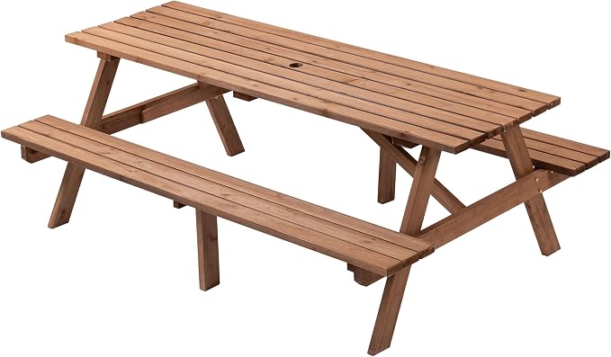 Outdoor Wooden Picnic Table with Benches and Umbrella Hole, Rustic Style Wood Picnic Table Bench Set for 6 or 8 Person for Backyard, Porch, Patio, and Deck, Brown