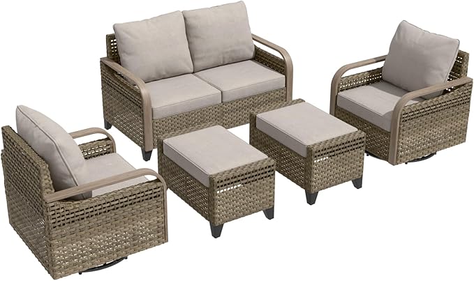 Modern Wicker Patio Furniture Set, Rattan Outdoor Conversation Set with Comfortable Cushions, 2 Swivel Rocking Chairs, 2 Seat Loveseat and 2 Ottomans, 5 Pieces, Brown/Gray