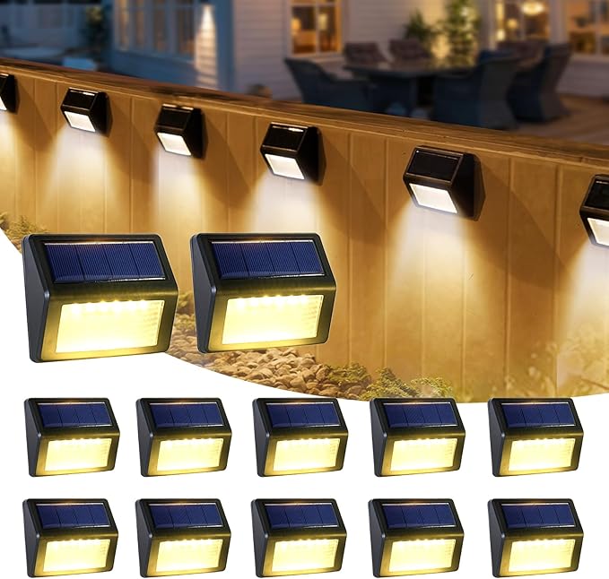 Bright Solar Fence Lights, 12 Pack Outdoor Step Lights, IP65 Waterproof, 3000K Warm-White, Dusk to Dawn Outdoor Lighting with 6 LED for Wall, Garage, Patio, Exterior, Porch