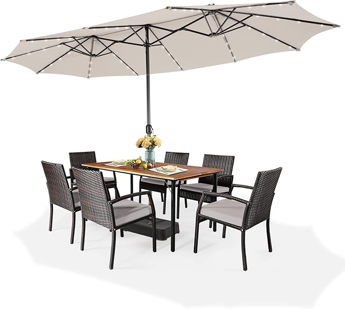 Giantex Large Outdoor Umbrella Double-Sided, 48 Solar Lights, Auto-Charging Solar Panel, Extra Large Patio Umbrella with Base and Crank, Outdoor Market Umbrellas for Poolside Garden