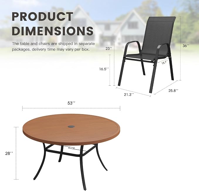 9 Pieces Outdoor Dining Set, 53" Round Table with Umbrella Hole & Stackable Patio Dining Chairs, Patio Table and Chairs Set for Deck Garden Porch, Black Chairs & Walnut Table