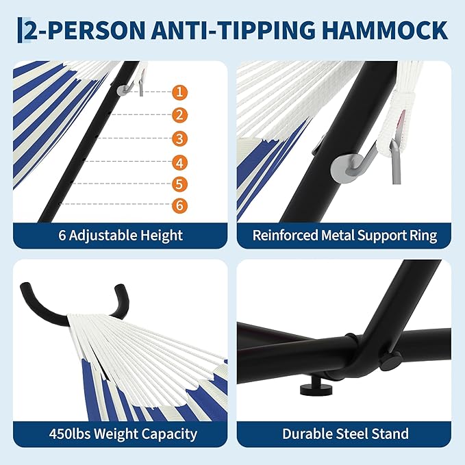 Double Hammock and Stand Combo,Portable 2-Person Hammock with 450 Lbs Capacity with Carry Bag for Outdoor Patio Garden Yard