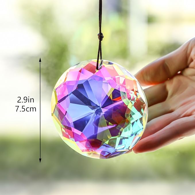 3'' Crystal Prisms Suncatcher for Windows Hanging Sun Catcher Gift | AB Color,Large Glass Beads,Rainbow Maker,Hanging Crystals for Indoor Outdoor Home Garden,Glass Ornaments For Christmas Tree