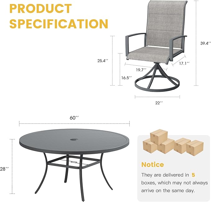VICLLAX 9 Pieces Patio Dining Set for 8-Outdoor Furniture Includes 60" Round Outdoor Table and Swivel Padded Chairs, Grey Tabletop and Fabric