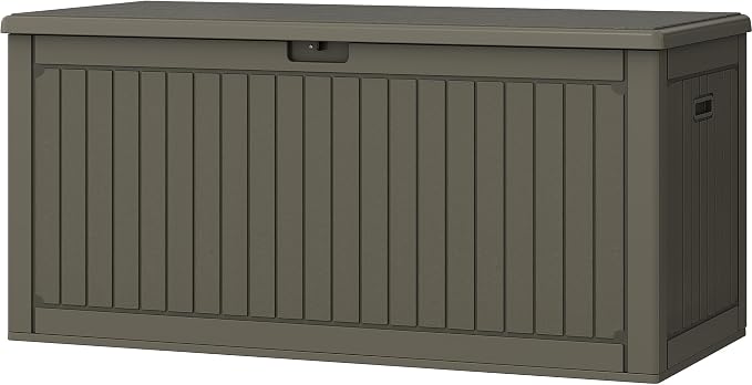 DWVO 320 Gallon Resin Outdoor Storage Box, XXL Double-Wall Waterproof Deck Box with Divider, Doubles as Table or Seating with 1000 lbs Capacity, Lockable (Light Brown)