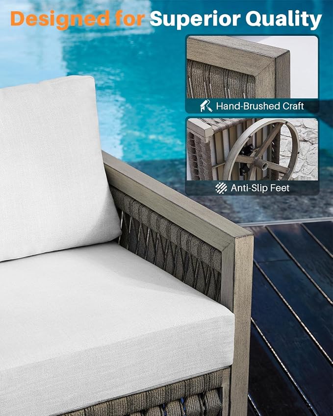 4 Pieces Outdoor Furniture Set, Never-Rust Aluminum Swivel Patio Conversation Set with Thick Cushions, Rope Weave Outdoor Sofa Set, Deep Seating Sofa Set for Garden, Pool, Porch, Gray Oak