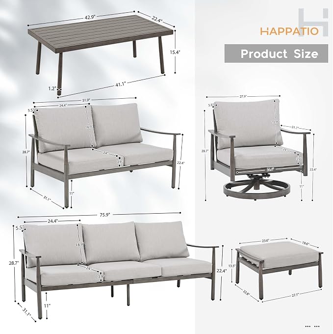 HAPPATIO Patio Outdoor Furniture Set - 7 Pieces Aluminum Outdoor Conversation Set Includes 1 Three-Seater Sofa, 1 Loveseat, 1 Coffee Table, 2 Swivel Chairs and 2 Ottomans for Porch, Lawn (Grey)