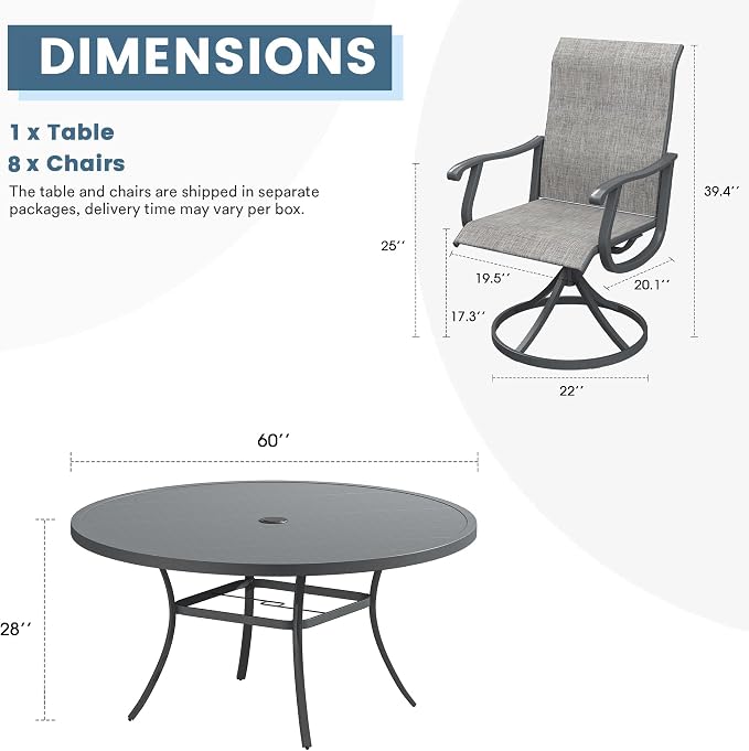 DIFY Outdoor Dining Set for 8, 9 Piece Patio Table and Chairs Set, Swivel Patio Dining Chairs with Textilene Fabric & 60" Round Metal Dining Table with Umbrella Hole, for Garden Backyard Deck, Grey