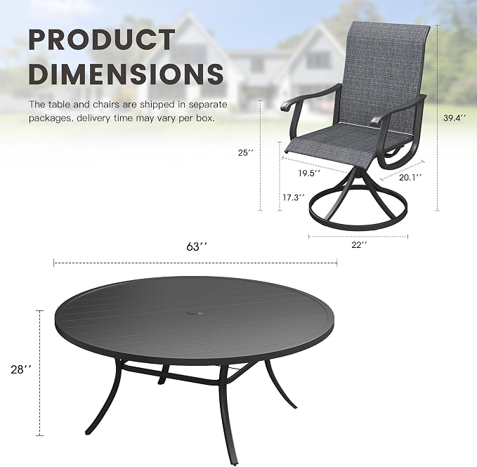 Outdoor Dining Set for 8, 63" Metal Round Outdoor Dining Table with Umbrella Hole and Sling Patio Swivel Chairs, 9 Pieces Patio Table and Chairs Set for Garden Backyard, Charcoal and Black