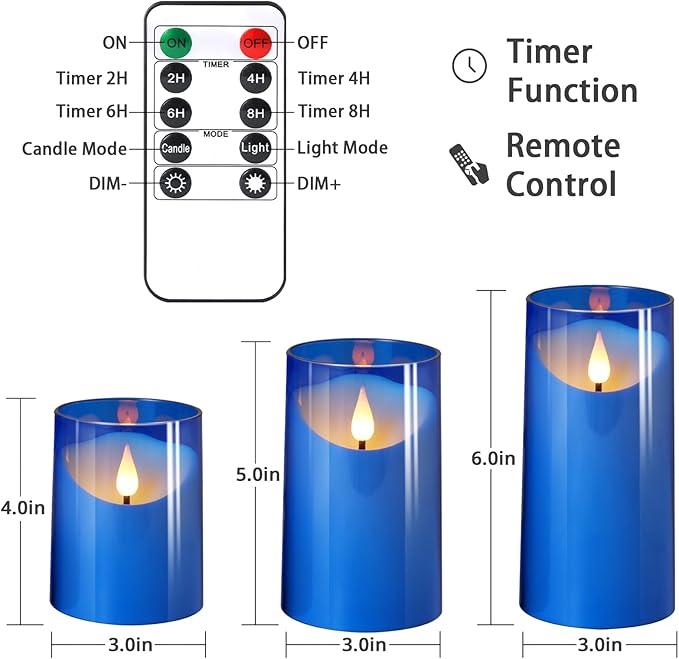 NURADA Flameless Candles: LED Pillar Acrylic Electric Battery Candles with Remote and Timer for Wedding Party Home Valentine Romantic Decor - Pack of 3 Blue