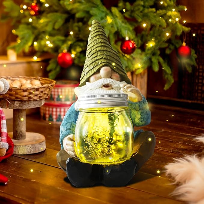 Solar Firefly Jar Gnome Waterproof, Mother's Day,Birthday Housewarming Gifts for Mom Women,Large Garden Gnome Funny Solar Outdoor LED Lights Resin Statues 10.6" Lantern Figurines Decorations