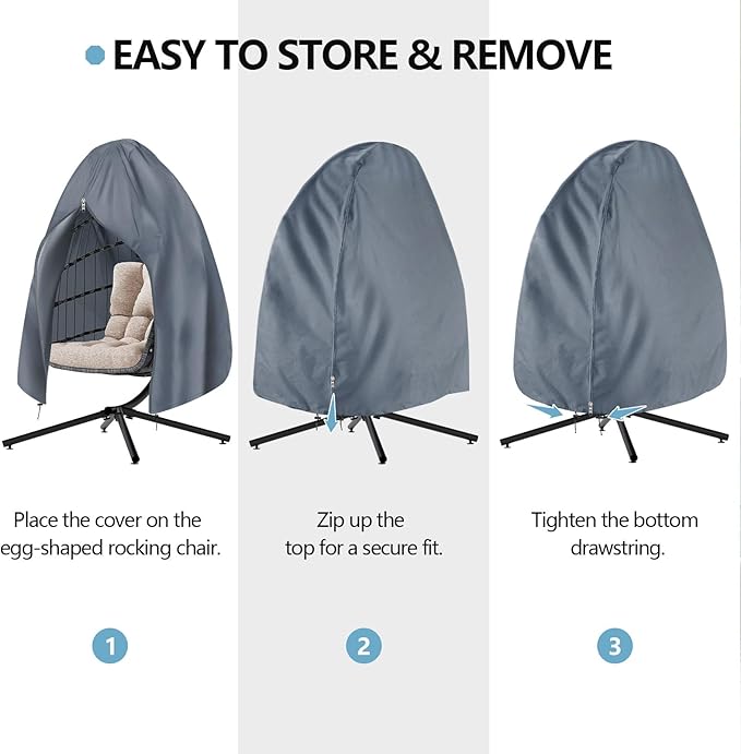 【Upgraded】RICHIE 75”x45” Patio Egg Chair Covers Waterproof & UV Resistant, Heavy-Duty Zippered Cover for Outdoor Egg Swing Chairs, Hanging Chairs, All-Weather Protection for Garden, Balcony - Grey