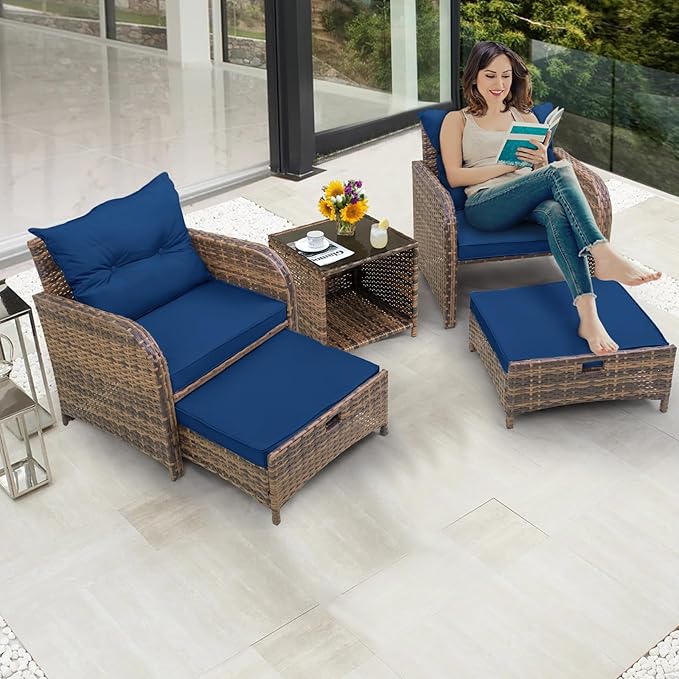5 Piece Outdoor Patio Chair with Ottomans and Table PE Wicker Rattan Patio Conversation Furniture Set Space Saving Design Wicker Outdoor Chairs Set for Front Porch (Blue Cushion Brown Rattan)