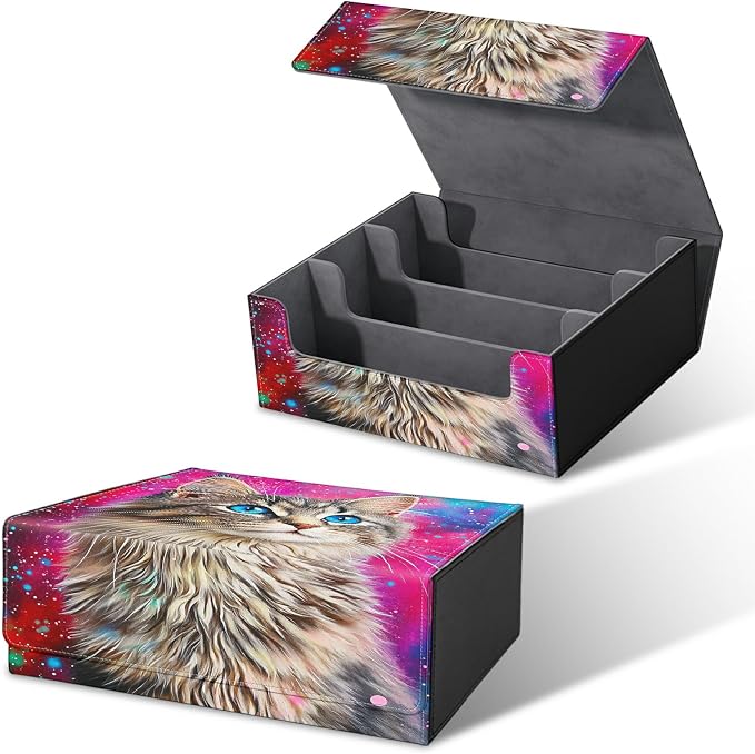 Card Deck Box for MTG, Cards Storage Box Fits 120+ Sleeved, Leather Big Size Strong Magnetic Closing Case for Board Games Magic TCG CCG Baseball Collection Women Man, Cute Blue Eyed Cat