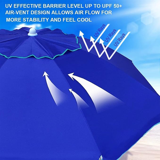 AMMSUN 6.5ft twice folded Portable beach umbrella with sand anchor windproof, Push Button Tilt and Air vent UPF 50+ Protection Fits in a large Suitcase for Patio Garden Beach Pool Backyard Blue