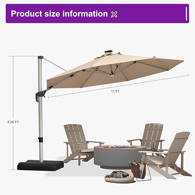 PURPLE LEAF 11ft Patio Umbrella with Lights Outdoor Round Cantilever Solar Powered LED Umbrella with 360-degree Rotation for Garden Deck Pool Patio, Beige