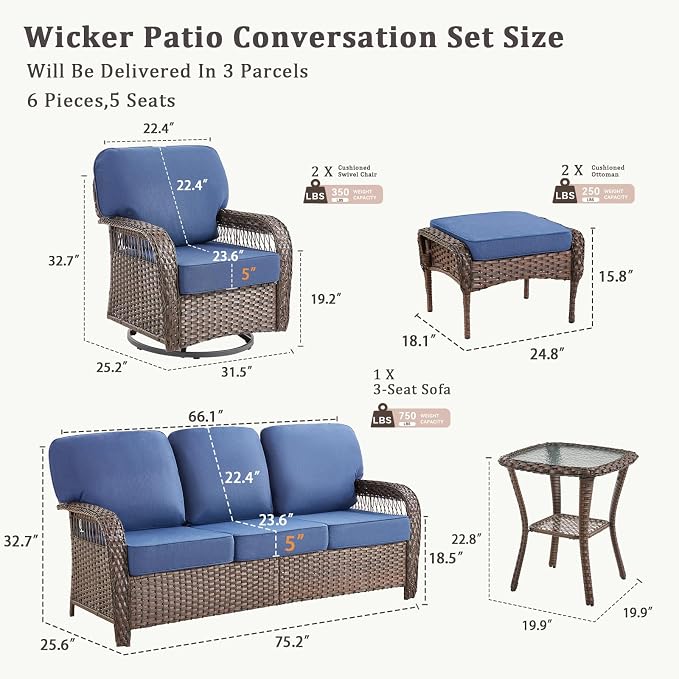 Patio Furniture Set with Fire Pit Table - 7 Pieces All-Weather Wicker Outdoor Furniture with High Back Swivel Chairs Set of 2 Outdoor Couch & Side Table for Deck Balcony Backyard Blue