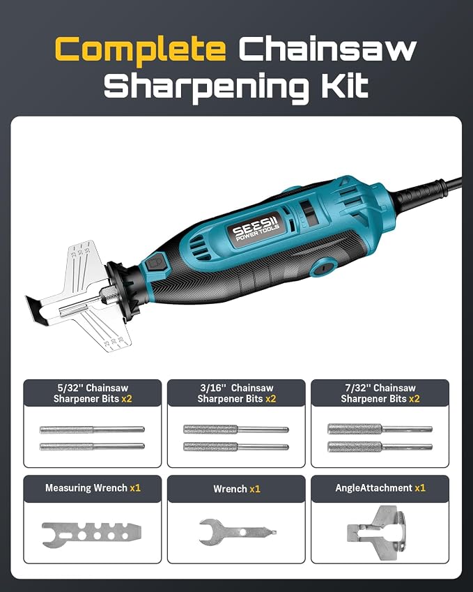 SEESII Electric Chainsaw Sharpener Kit, 35000RPM, 6 Upgraded Diamond Bits | Includes 5/32'', 3/16'', 7/32'' Grinding Bits, Fast Chain Sharpening,Stable Collet Locking System,Suitable for Chainsaw Chain