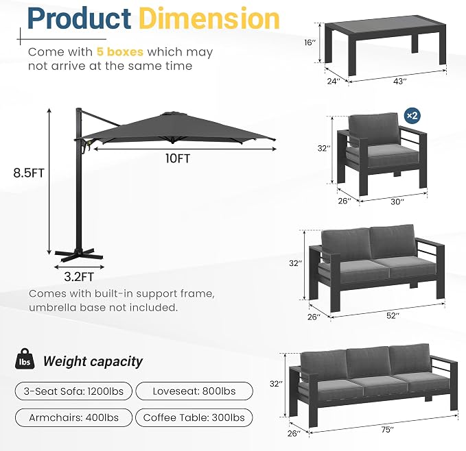 Wisteria Lane 6 Pieces Aluminum Patio Furniture Set with Umbrella, All Weather Oversized Outdoor Furniture Set with Deep Seat and Back Cushion, Patio Conversation Sets with Wide armrest, Gray & Gray