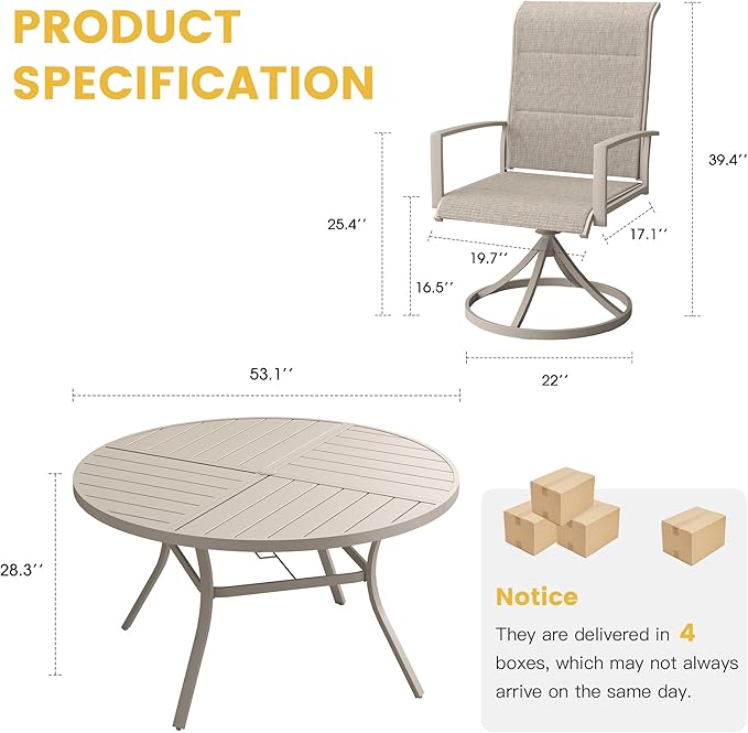 VICLLAX Patio Dining Set for 6, 6 Seats Outdoor Furniture Includes 53.1" Round Patio Table and Swivel Padded Chairs, Sandshell Color Tabletop and Fabric