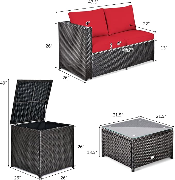HAPPYGRILL 4 Pieces PE Rattan Wicker Conversation Set Outdoor Patio Furniture Sofa Set with Storage Box and Tempered Glass Coffee Table for Backyard Garden Porch