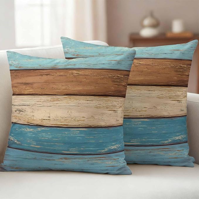 Farmhouse Light Blue Brown Outdoor Waterproof Pillow Covers, Vintage Wooden Striped Decorative Square Throw Pillowcase Sofa Cushion Sham for Patio/Couch/Chair, 24"x24" 2 Pack