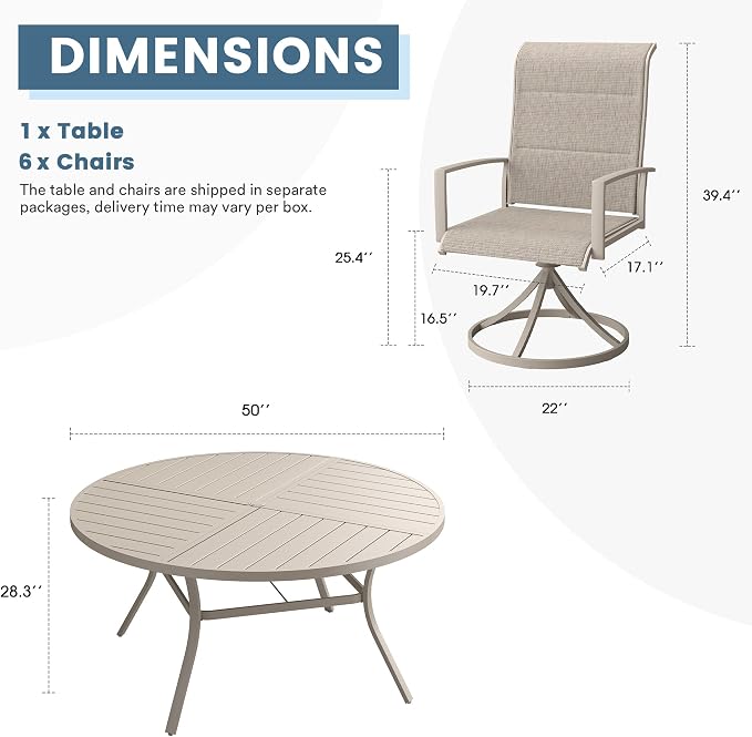 DIFY 7 Piece Outdoor Dining Set, Metal Patio Table and Chairs Set, 50" Round Dining Table & 6 Padded Textilene Swivel Patio Chairs, Outdoor Furniture Set for Garden Backyard Porch, Sandshell