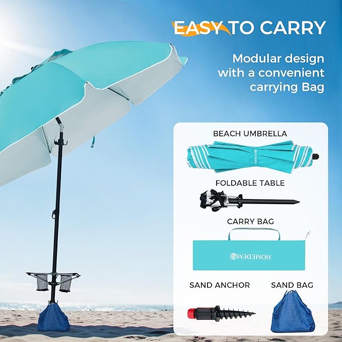 HOMEDEMO 8FT Large Beach Umbrella with Weight Bag & Sand Anchor, Outdoor Umbrellas with Adjustable Aluminum Pole and Table, Heavy Duty Windproof & UPF 50+