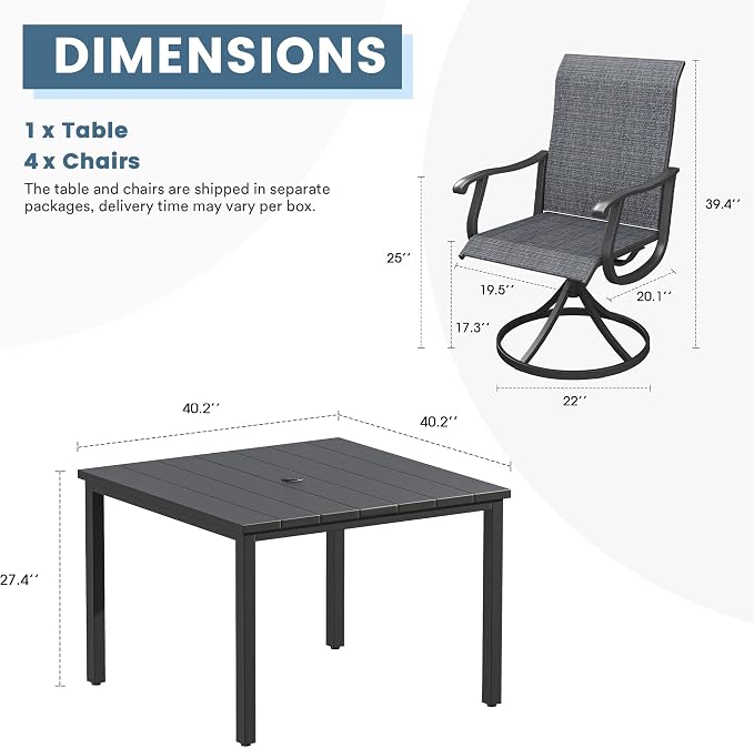 DIFY Patio Table and Chairs Set for 4, 5 Piece Outdoor Dining Set, 40.2" Black Square Metal Dining Table with Umbrella Hole and 4 Dark Grey Textilene Swivel Patio Chairs, for Garden Backyard Deck