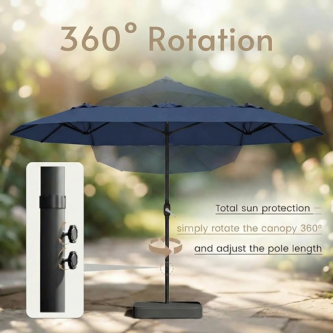 15ft Large Patio Umbrellas with Base Included, Outdoor Double-Sided Rectangle Market Umbrella with Stand, Outside Umbrellas for Poolside Lawn Backyard