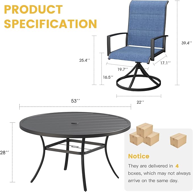 VICLLAX 7 Pieces Patio Dining Set for 6-Outdoor Furniture Includes 53" Round Outdoor Table and Swivel Padded Chairs, Black Tabletop and Blue Fabric