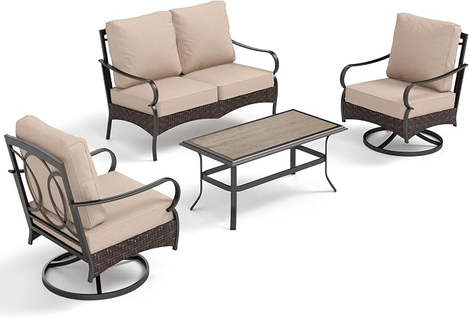 PHI VILLA Outdoor Porch Furniture Set, Upgraded Wicker & Metal Deep Seating Patio Furniture Conversation Set with Waterproof Thick Cushions for Balcony, Yard (4 Pieces,Beige)