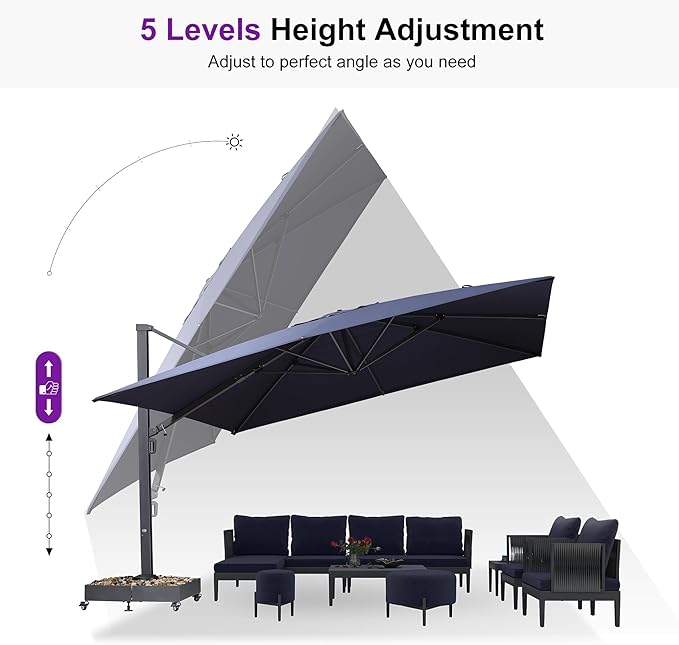 PURPLE LEAF 11' X 15' Rectangle Patio Umbrella Large Cantilever Outdoor Aluminum Offset Umbrella with 360° Rotation Cantilever Umbrella with Base Included for Garden Deck Backyard Pool Navy Blue