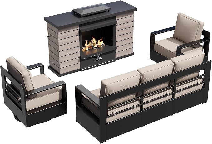 Outdoor Aluminum Furniture Set, 4-Piece Patio Conversation Set, 2 Swivel Chairs, 1 Sofa and 1 Fireplace, All-Weather Metal Frame, 6" Thick Removable Cushions, Deep Setting for Garden and Porch