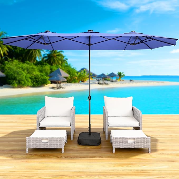 CHABATREE 15FT Double-Sided Patio Umbrella with Base Included, Large Outdoor Rectangular Market Umbrella for Backyard, Poolside, Lawn & Garden, Blue