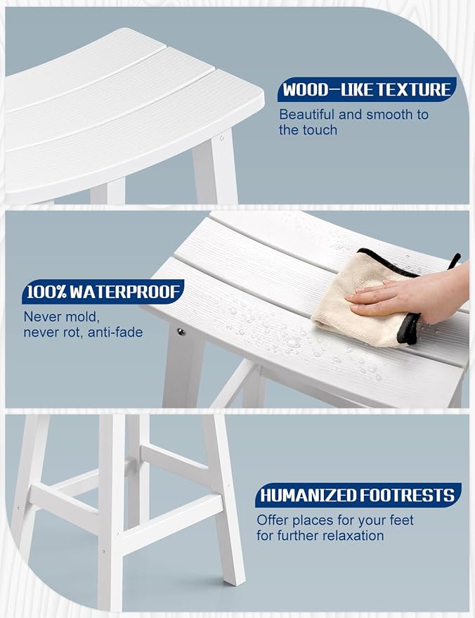 Weatherproof Bar Stools Set of 2, 28" Height Outdoor Bar Stools Holds up to 400 lbs, Saddle Seat, Bar Height Stools for Patio, Garden, and Kitchen Island, White