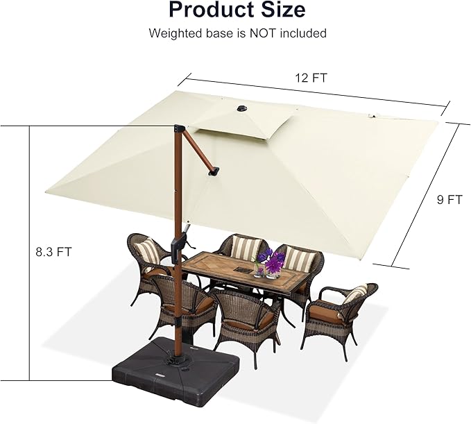 PURPLE LEAF 9' X 12' Double Top Deluxe Wood Pattern Rectangle Patio Umbrella with Base Offset Hanging Umbrella Outdoor Market Umbrella Garden Umbrella, Cream