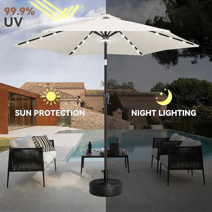 10FT Solar Patio Umbrella - Outdoor Umbrella with Centre Surround Light 24 LED Lights, Market Table Umbrella with Tilt for Pool, Porch, Garden, Deck, Backyard UV Protection (Ivory)