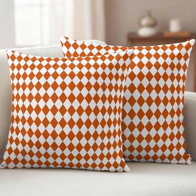 Outdoor Throw Pillow Cover Modern Orange White Plaid Waterproof Cushion Covers 2 Pack Geometric Lattice Pillow Cases Home Decoration for Patio Garden Couch Sofa