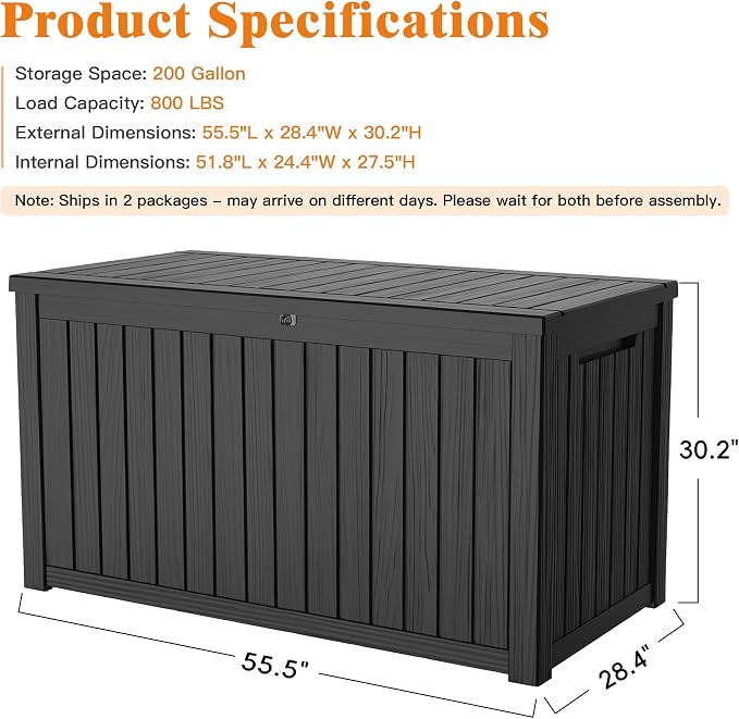Outdoor Extra Large Storage Cabinet Deck Box, 200 Gallons Heavy Duty Deck Boxes, Weatherproof & UV-Resistant Lockable Patio Storage Cabinet for Garden Tools, Lawn Mower, Bikes, Patio Furniture