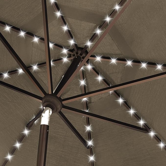 EliteShade USA 10-Year-Non-Fading 10ft Market Patio Umbrella, Commercial Grade Table Sun Umbrella with 80 Solar LED Lights, Crank Open, Windproof & UPF 50+ UV Protection for Garden, Deck, Pool, Backyard, Taupe