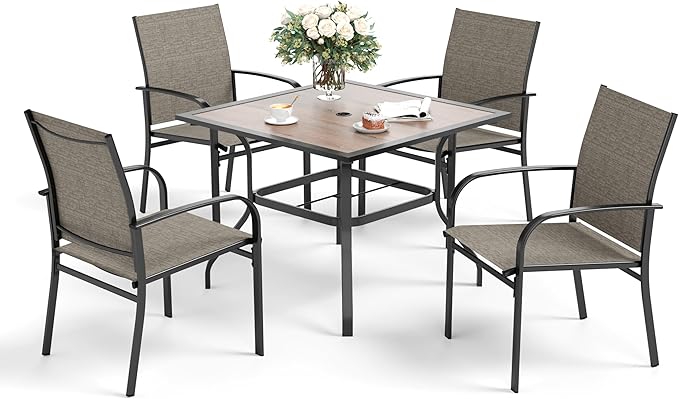 SUNSHINE VALLEY 5 Piece Patio Dining Set for 4, 37”x37” Square Table (PVC Wood-Like Table Top) with 1.57" Umbrella Hole, 4 Metal Brown Chairs, Outdoor Table and Chairs Set for Lawn Backyard and Deck