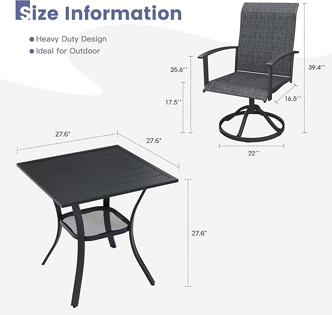 VICLLAX Outdoor Table and Chairs Set for 2, Small Patio Dining Set with 27.5" Metal Square Patio Table & 2 Swivel Outdoor Dining Chairs for Backyard Lawn Porch Garden, Charcoal & Black