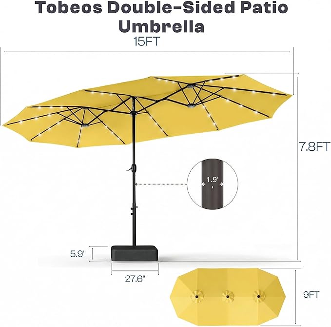 15ft Large Patio Umbrella with Solar Lights and Base, Double-Sided Outdoor Rectangle Umbrella with 48 LED Lights, Market Table Umbrellas with UV Resistant Canopy