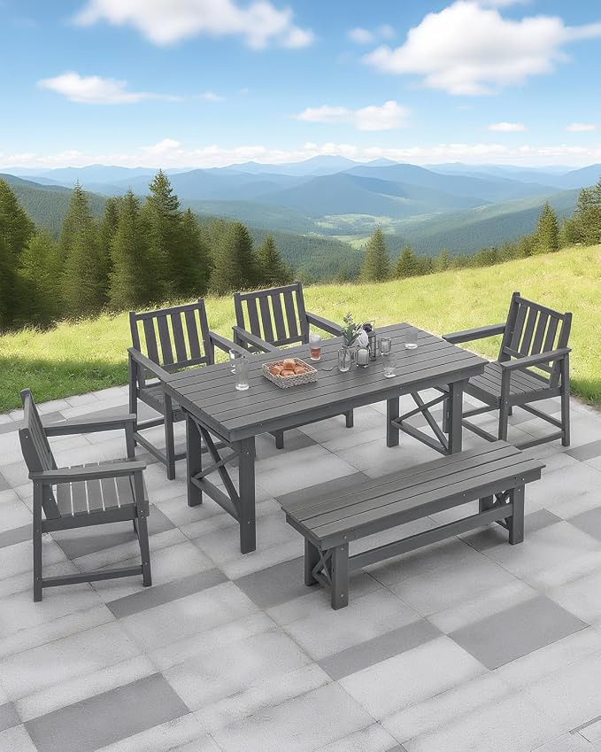 HDPE Outdoor Dining Set for 6, Patio Dining Furniture Set with Umbrella Hole Cut-Out Table and 1 Bench and 4 Chairs, All Weather Outdoor Dining Bench Sets, Gray