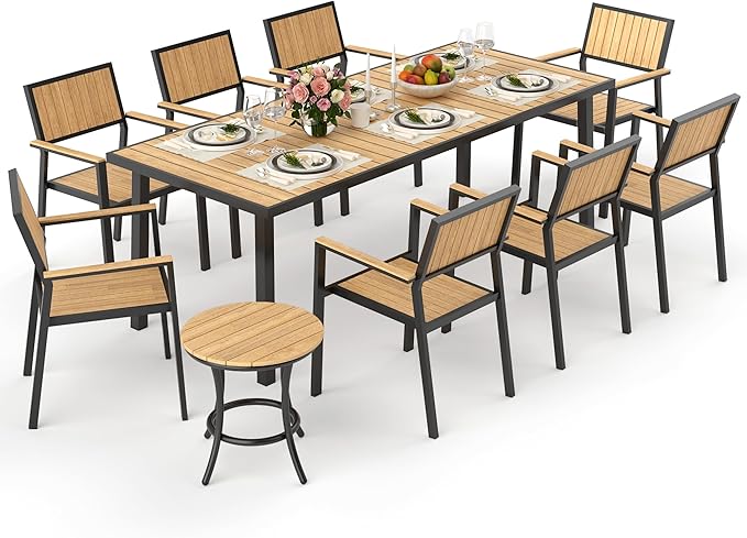 10-Piece Patio Dining Set, Outdoor Weather-Resistant Plastic-Wood Table & 8 Stackable Chairs, Outdoor Durable Aluminum Frame Furniture for Garden, Poolside, Backyard