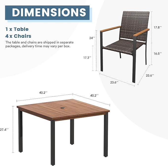 DIFY 5 Piece Patio Dining Set for 4, Wicker Stackable Patio Chairs & 40.2" Square Walnut Metal Dining Table with Umbrella Hole, All Weather Outdoor Table and Chairs Set for Deck Garden Backyard
