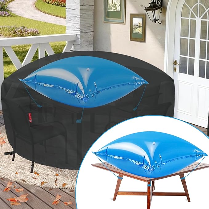SheeChung Patio Furniture Cover Airbag,Square 47"x47" Patio Table Cover Inflatable Air Pillow,Outdoor Furniture Cover Airbag with Ropes Support Prevents Leaves,Water and Snow Pooling