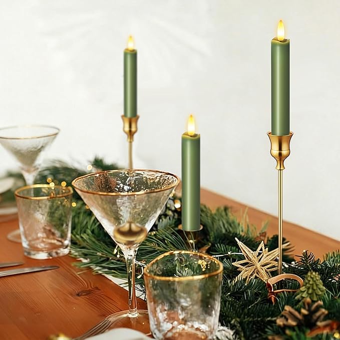 KSWING Upgraded Real Wax Short LED Flameless Taper Candles with Remote, 6 PCS Winter Moss Candlesticks Battery Operated 3D Flickering for Home/Wedding/Fireplace Xmas Decor