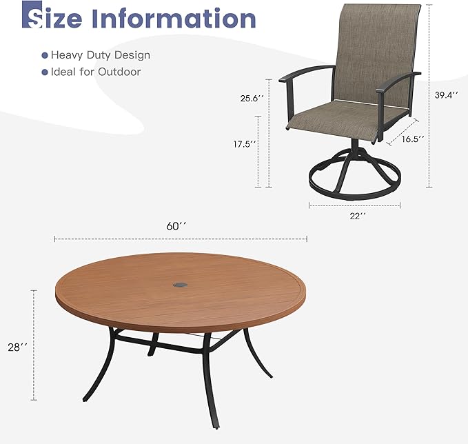 VICLLAX Outdoor Table and Chairs Set for 8, Patio Dining Set of 60 Metal Round Patio Table with Umbrella Hole & 8 Swivel Outdoor Dining Chairs for Backyard Lawn, Mixed Brown & Walnut